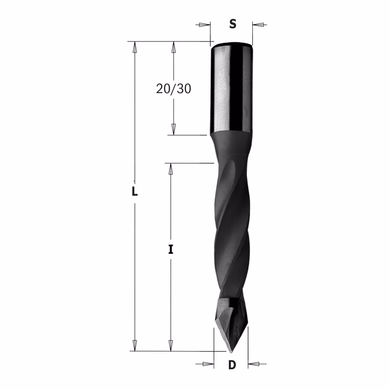 Spitse drevelboor, rechts D=5mm L=57,5mm L1=20mm I=30mm