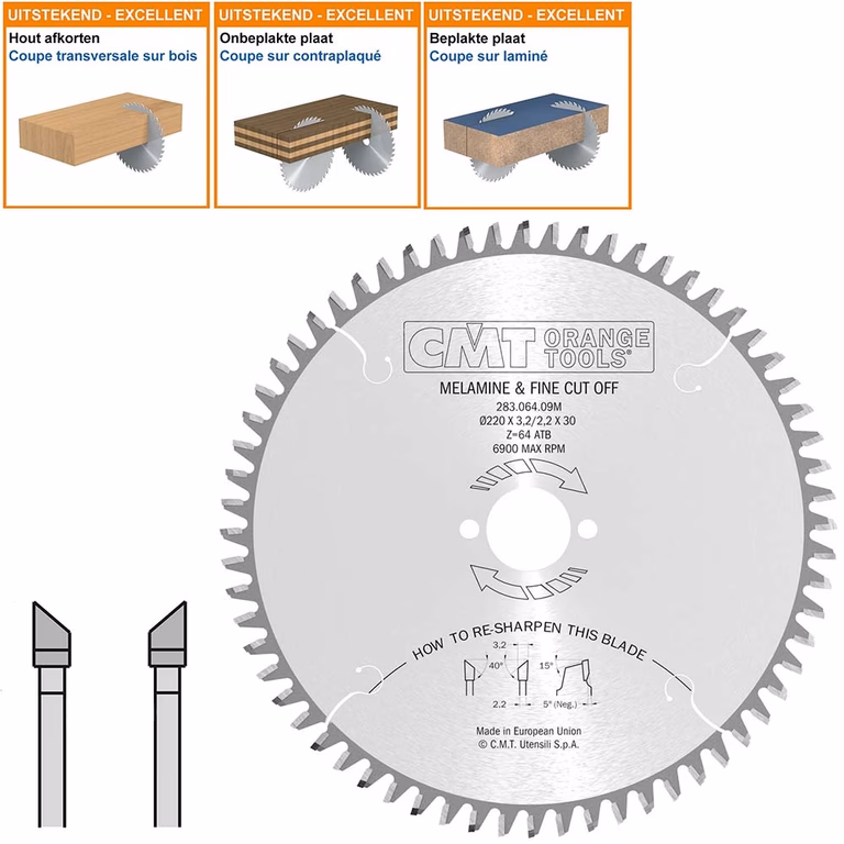 Hardmetalen zaagblad voor platen met fijne afwerking D=220mm K=3,2mm P=2,2mm Z64