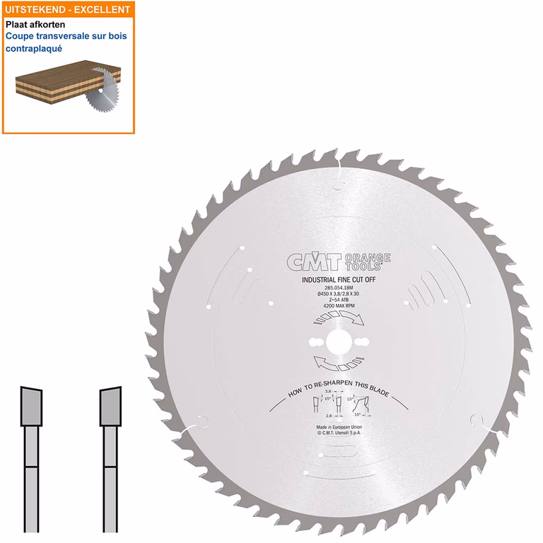 Afkortzaag met hardmetalen tanden geschikt voor hout D=450mm K=3,8mm P=2,8mm Z54