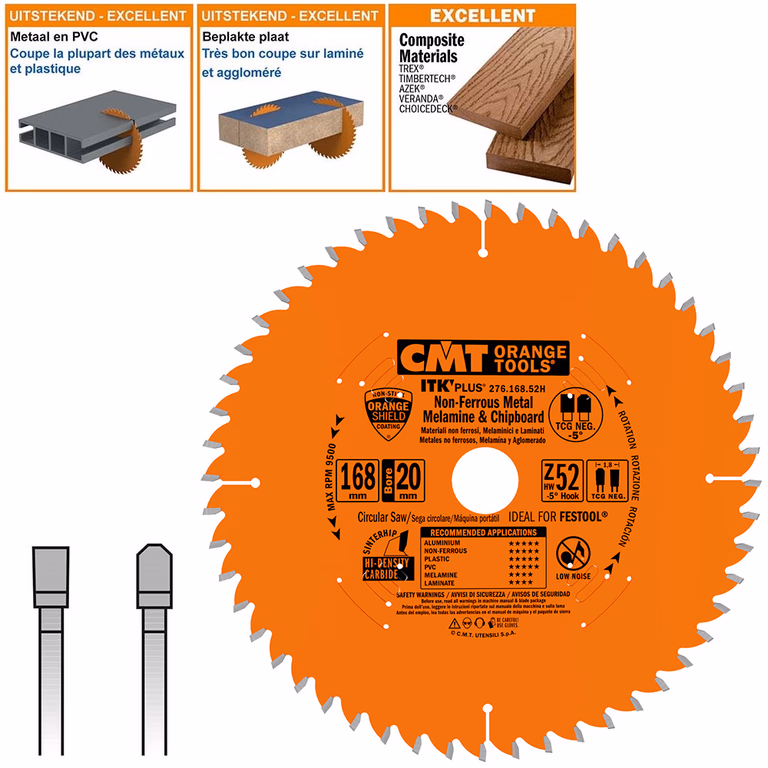 Afkortzaagblad voor non-ferro & composite materiaal D=168mm Z52