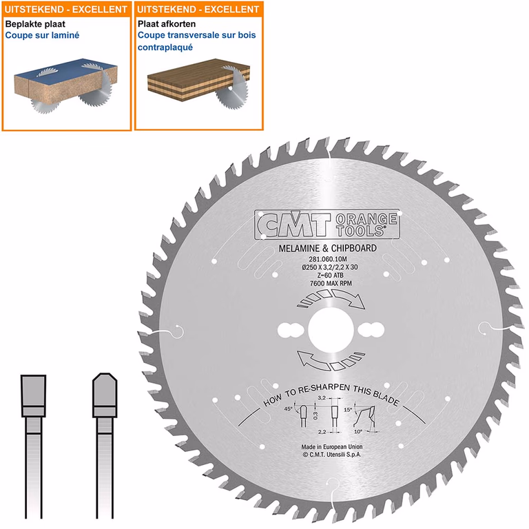 Plaat- en kunststof zaagblad met hardmetalen tanden D=250mm K=3,2mm P=2,2mm Z60 · 281.060.10M