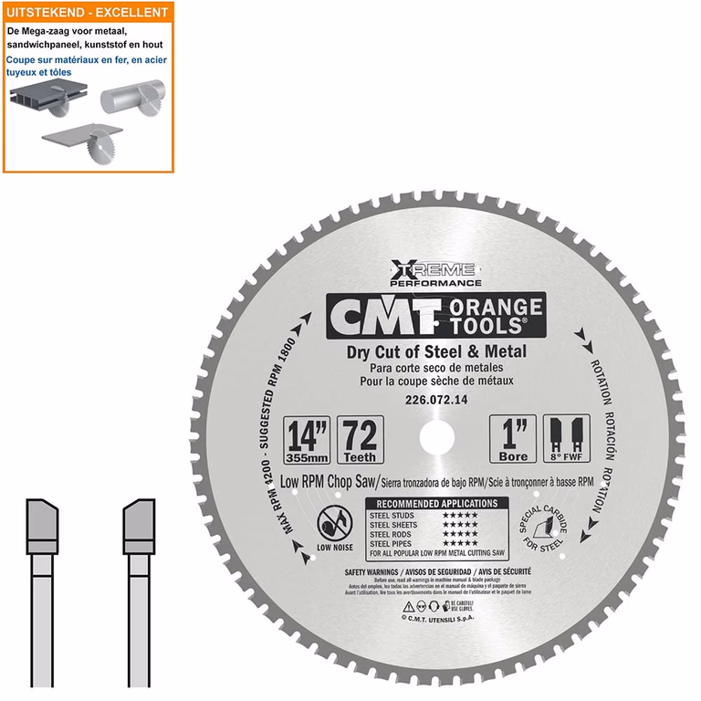 Multi-cirkelzaagblad met hardmetalen tanden D=355mm B=25,4mm K=2,2mm Z72