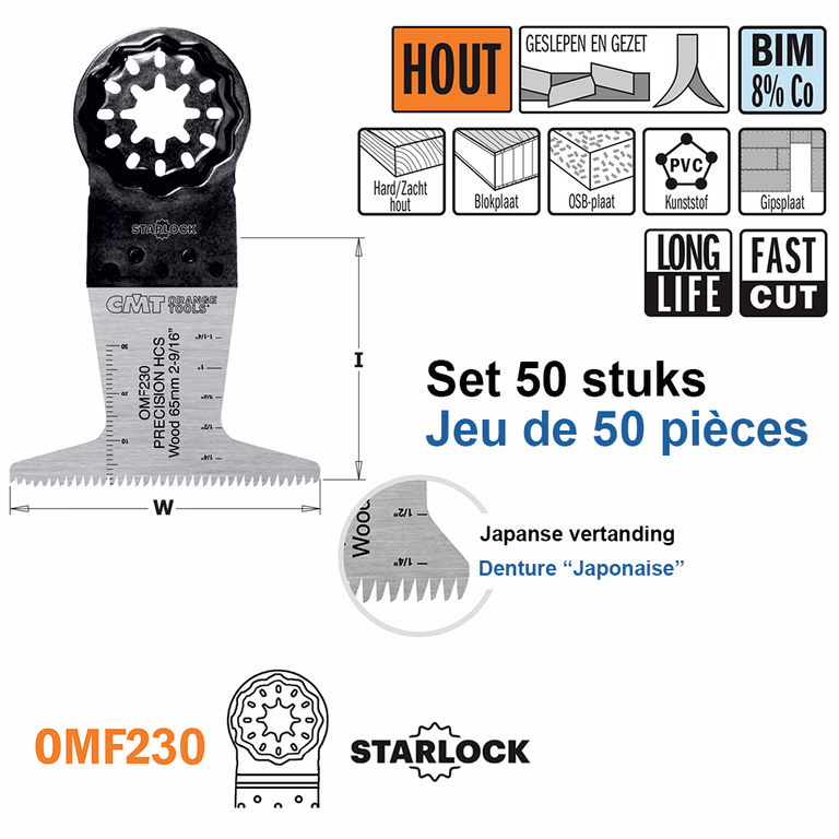 Multitoolzaagblad (Japanse vertanding) voor hout, 65mm I=50mm · OMF230-X50