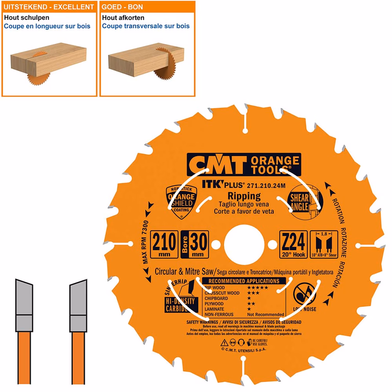 Dunne schulp-en afkortzaag met hardmetalen tanden D=210mm B=25mm K=1,8mm Z24