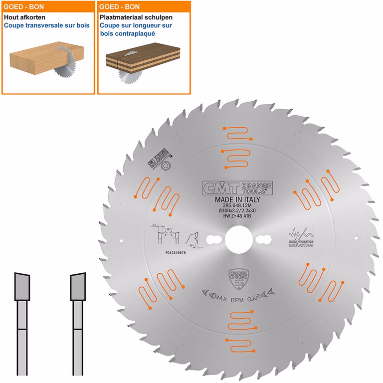 Geluidsarme HW afkortzaag geschikt voor hout D=300mm K=3,2mm P=2,2mm Z48