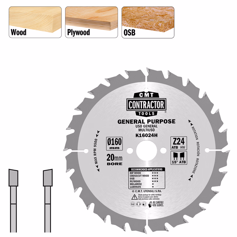 Universeel Contractor zaag met hardmetalen tanden D=160mm K=2,2mm P=1,4mm Z24 · K16024H