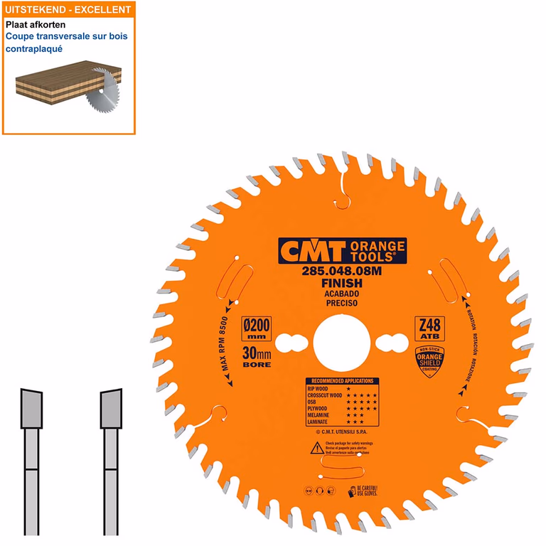 Afkortzaag met hardmetalen tanden geschikt voor hout D=200mm K=3,2mm P=2,2mm Z48