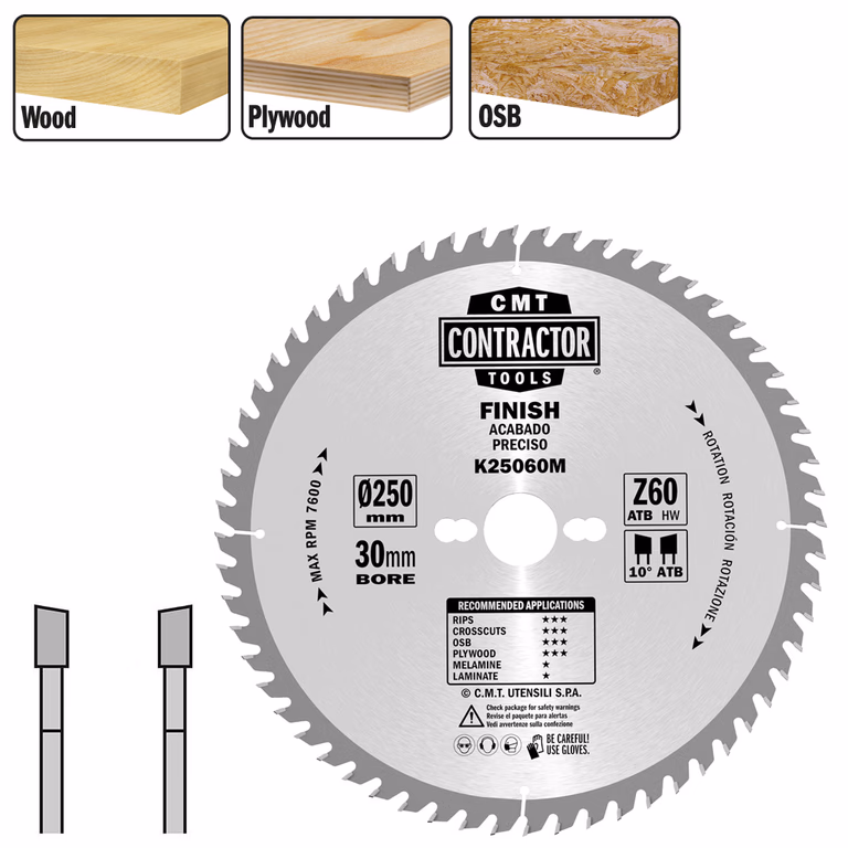 Universeel Contractor zaag met hardmetalen tanden D=250mm K=2,4mm P=1,6mm Z60