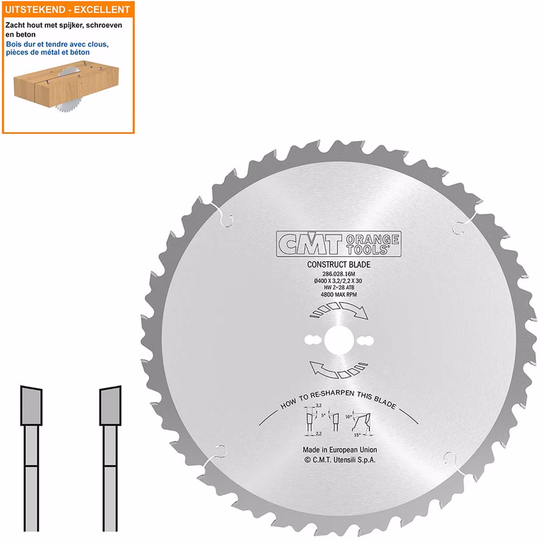 Bouw schulpzaag met hardmetalen tanden D=400mm K=3,2mm P=2,2mm Z28