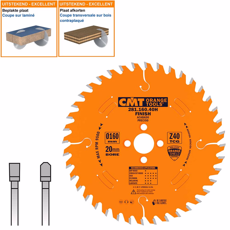 Plaat- en kunststof zaagblad met hardmetalen tanden D=160mm K=2,2mm P=1,6mm Z40
