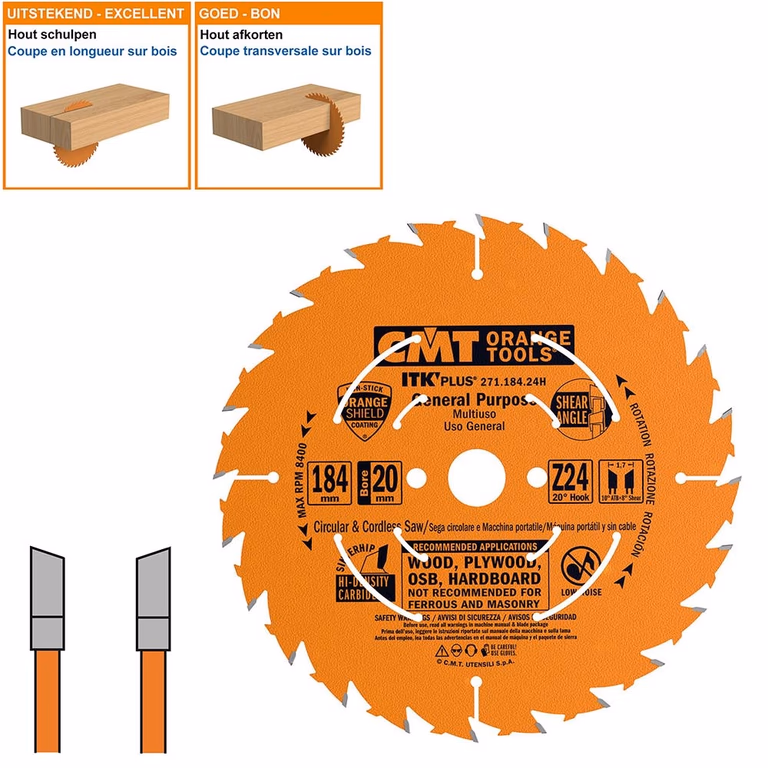 Dunne schulp-en afkortzaag met hardmetalen tanden D=184mm B=15,87mm K=1,7mm Z24