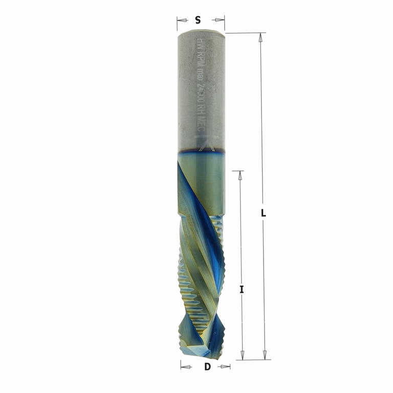 Gecombineerde positieve spiraal - en schrobfrees, HWM + coating D=10mm S=10mm L=80mm I=25mm