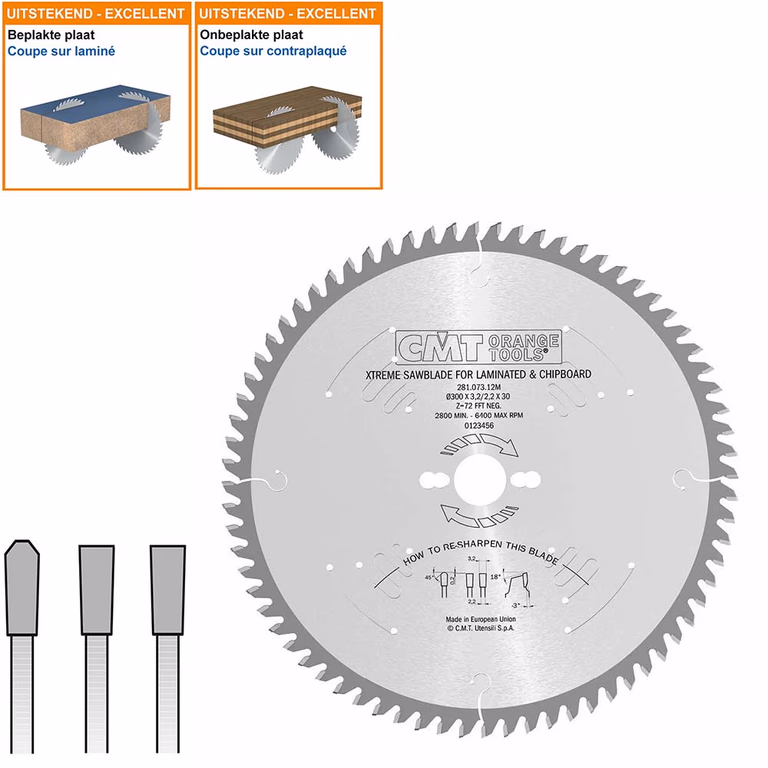 Plaat- en kunststof zaagblad met hardmetalen tanden D=300mm K=3,2mm P=2,2mm Z72 · 281.073.12M
