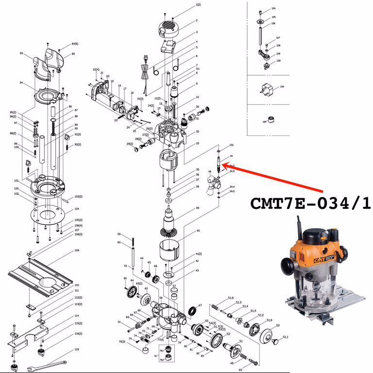 Metalen schacht met wormwiel voor hoogte regeling · CMT7E-034/1