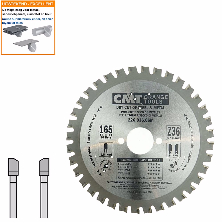 Multi-cirkelzaagblad met hardmetalen tanden D=165mm B=30mm K=1,6mm Z36