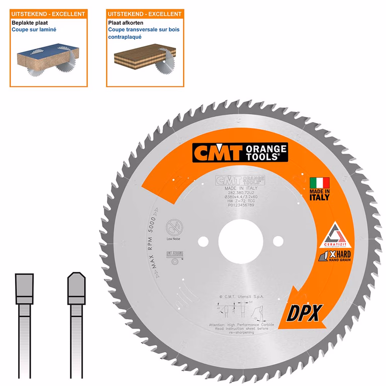 Plaatzaagblad met DPX hardmetalen tanden D=380mm B=60mm K=4,4mm P=3,2mm