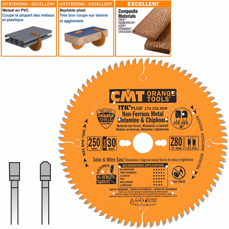 Dun zaagblad voor non-ferro metalen en hard materiaal D=250mm B=30mm K=2,6mm Z80