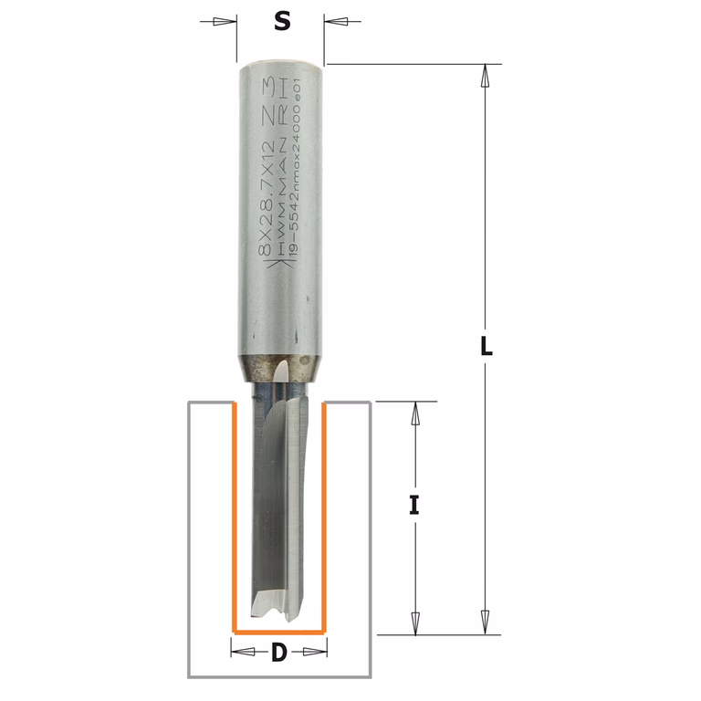 Groeffrees met rechte snijkoppen, HWM D=8mm S=12mm L=76mm I=28,7mm