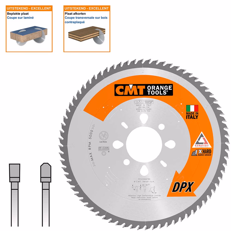Plaatzaagblad met DPX hardmetalen tanden D=380mm B=80mm K=4,4mm P=3,2mm