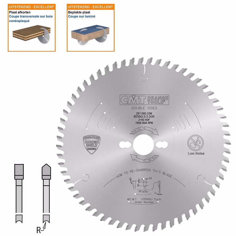 Hol/Dak platenzaag voor tweezijde afwerking D=250mm B=30mm K=3,3mm Z60