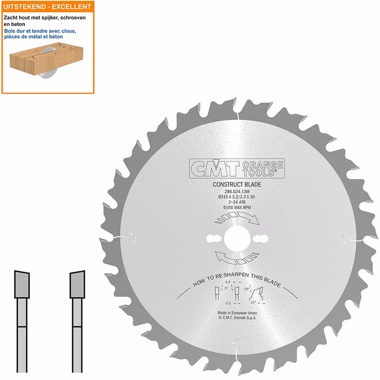 Bouw schulpzaag met hardmetalen tanden D=315mm K=3,2mm P=2,2mm Z24