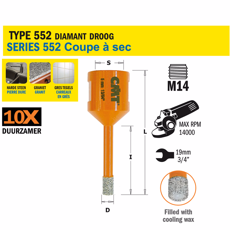 Gatzaag voor extreem harde materialen D=5mm S=M14 L=60mm I=35mm