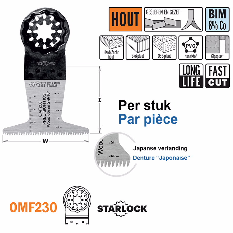 Multitoolzaagblad (Japanse vertanding) voor hout, 65mm I=50mm · OMF230-X1