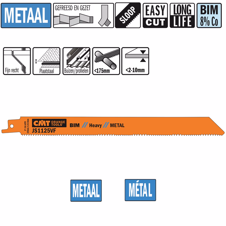 Reciprozaagblad Bi-metaal 225mm x 1,25 x 10-14TPI · JS1125VF-100