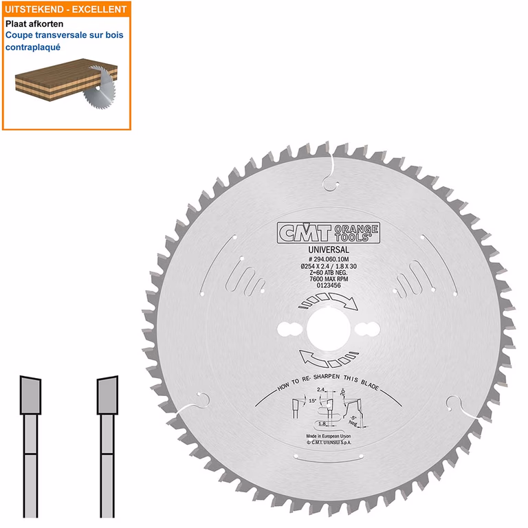 Afkortzaag met hardmetalen tanden geschikt voor hout D=254mm K=2,4mm P=1,8mm Z60