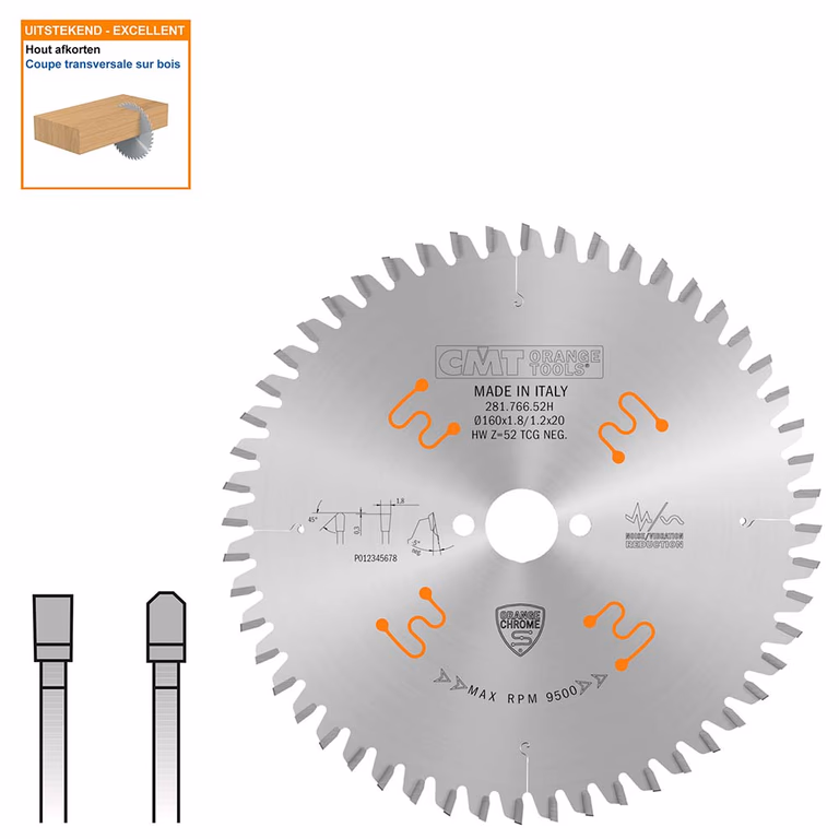 Plaat- en kunststof zaagblad met hardmetalen tanden D=165mm B=20mm P=1,2mm Z52