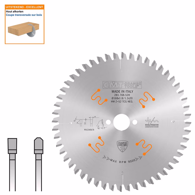 Plaat- en kunststof zaagblad met hardmetalen tanden D=168mm B=20mm P=1,2mm Z52