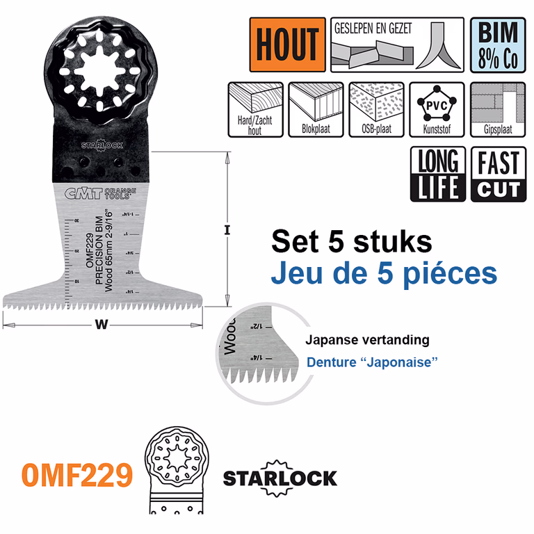 Multitoolzaagblad (Japanse vertanding) voor hout, 65mm I=40mm · OMF229-X5