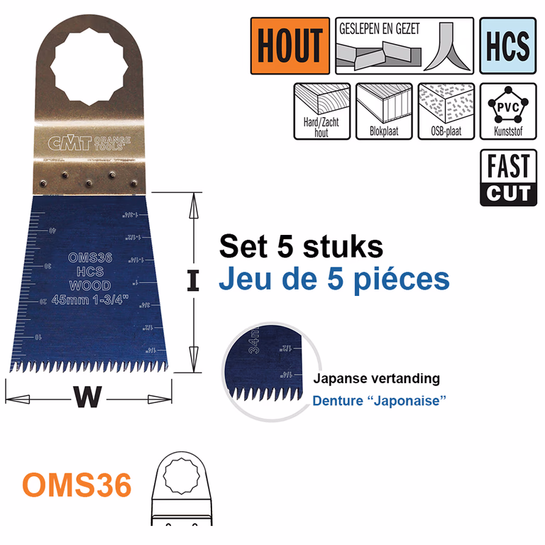 Multitoolzaagblad (Japanse vertanding) voor hout, 45mm · OMS36-X5