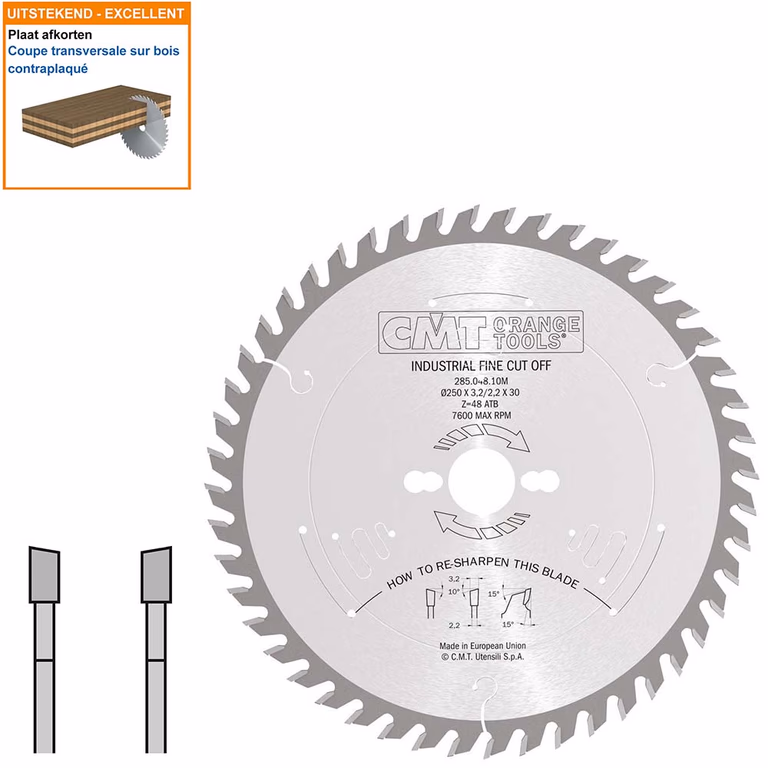 Afkortzaag met hardmetalen tanden geschikt voor hout D=250mm K=3,2mm P=2,2mm Z48