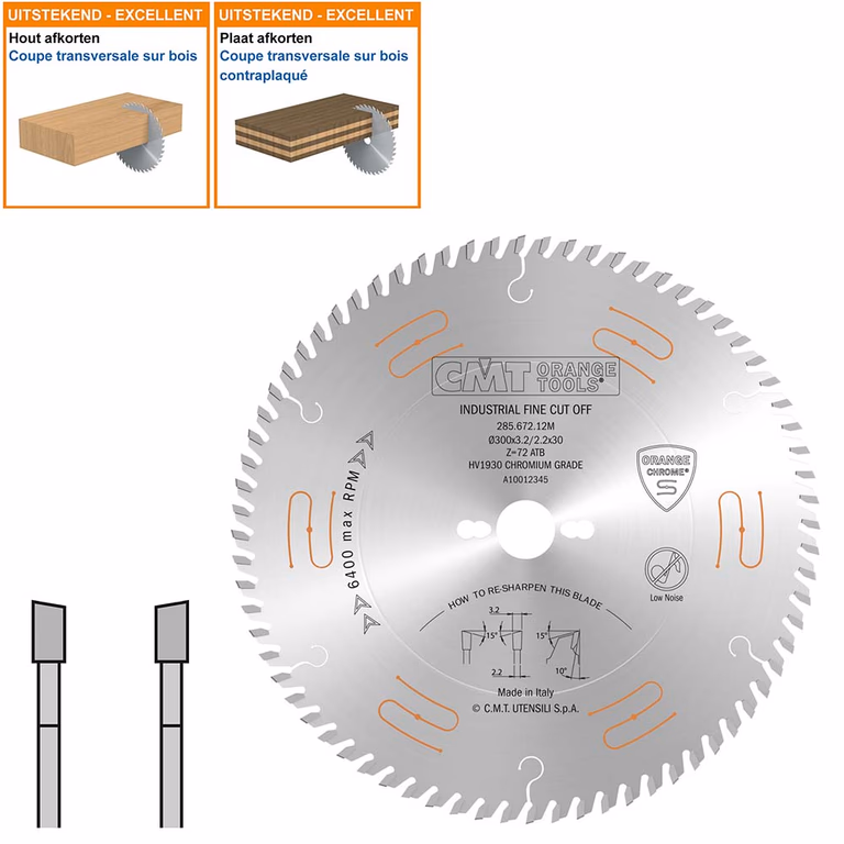 Geluidsarme HW afkortzaag geschikt voor hout D=300mm K=3,2mm P=2,2mm Z72