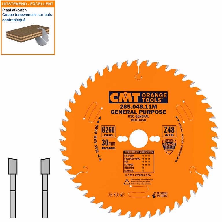 Afkortzaag met hardmetalen tanden geschikt voor hout D=260mm K=2,8mm P=1,8mm Z48