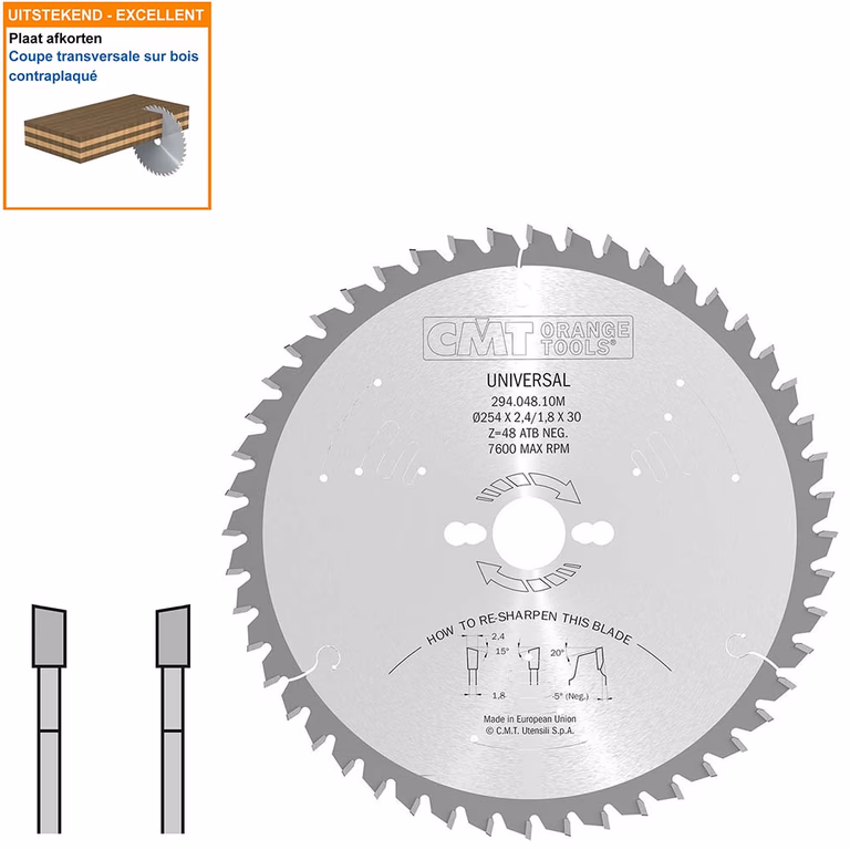 Afkortzaag met hardmetalen tanden geschikt voor hout D=254mm K=2,4mm P=1,8mm Z48