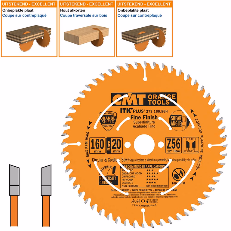 Dun fijn afkortzaag met hardmetalen tanden D=160mm K=1,8mm P=1,2mm Z56
