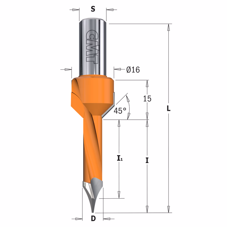 Drevelboor met vaste verzinker, links D=5mm L=70mm I=35mm