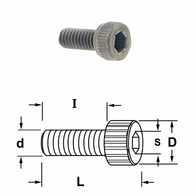 Inbusbout met ronde kop D=4,5mm S=2mm L=8,5mm I=6mm