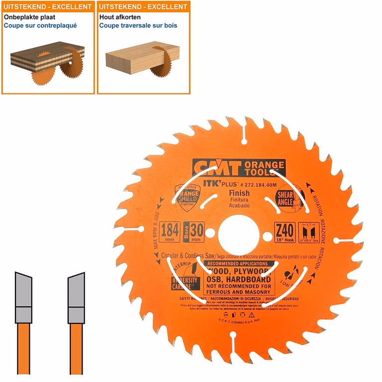 Dun universeel zaagblad met hardmetalen tanden D=184mm B=30mm K=1,7mm Z40