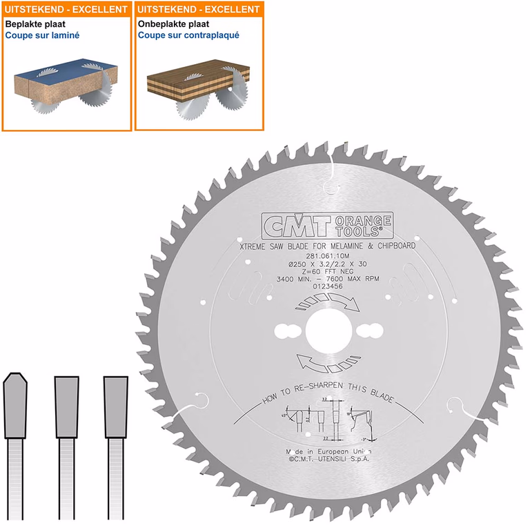 Plaat- en kunststof zaagblad met hardmetalen tanden D=250mm K=3,2mm P=2,2mm Z60 · 281.061.10M