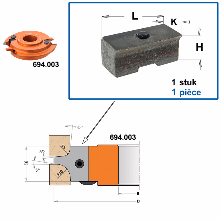 Spanblok voor profielmes L=22mm K=9,5mm H=11mm