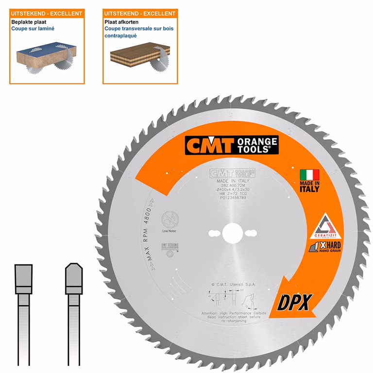 Plaatzaagblad met DPX hardmetalen tanden D=400mm B=30mm K=4,4mm P=3,2mm