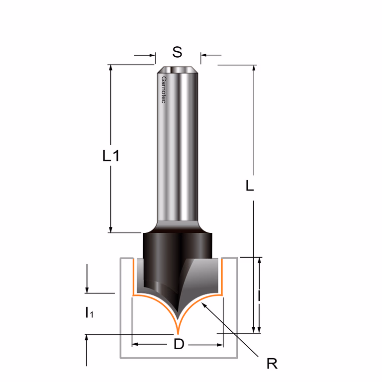 Afrondfrees (punt), HW D=25,4mm S=8mm I=19mm R=12,7mm