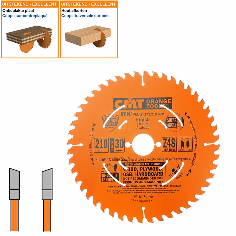 Dun universeel zaagblad met hardmetalen tanden D=210mm B=25mm K=1,8mm Z48
