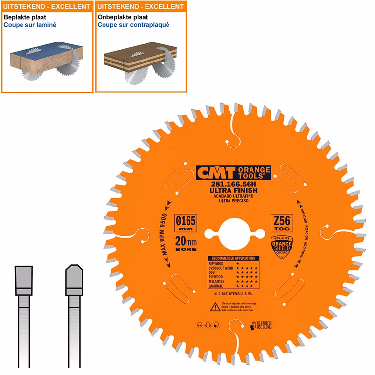 Plaat- en kunststof zaagblad met hardmetalen tanden D=165mm K=2,2mm P=1,6mm Z56