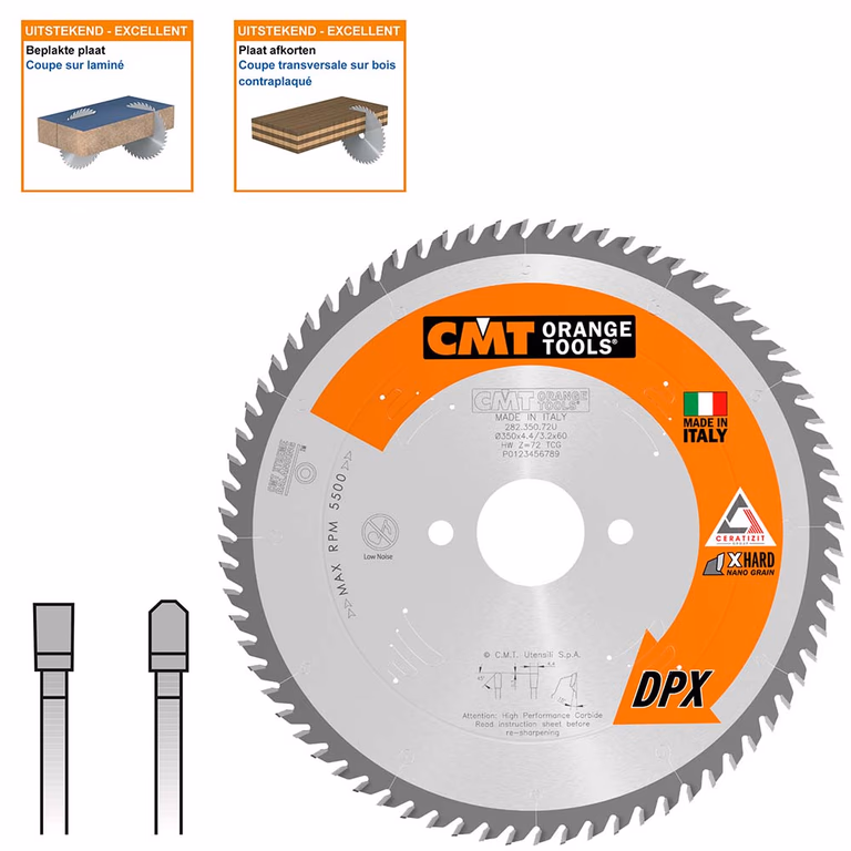 Plaatzaagblad met DPX hardmetalen tanden D=350mm B=60mm K=4,4mm P=3,2mm