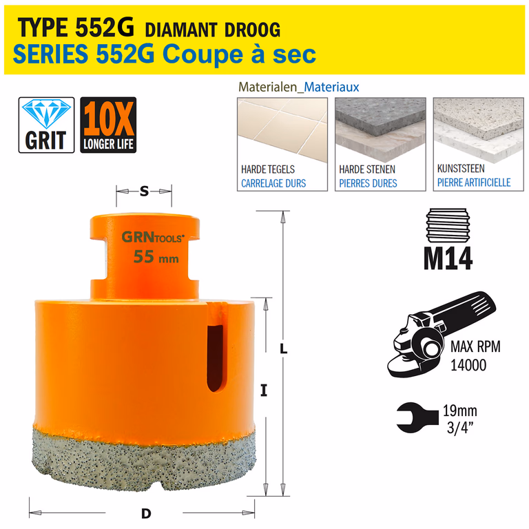 Gatzaag voor extreem harde materialen D=55mm S=M14 L=60mm I=40mm · 552-555G