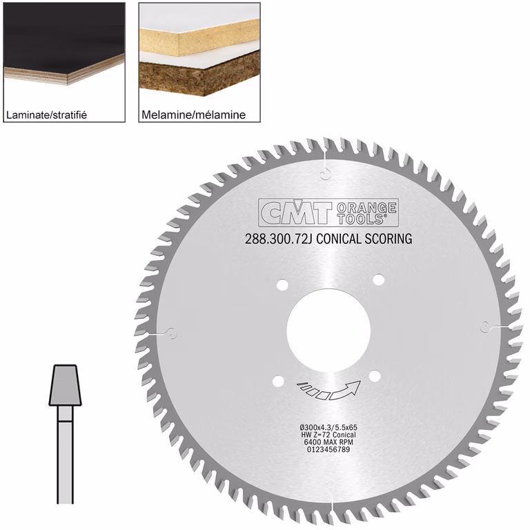 Conische voorritszaag met hardmetalen tanden D=300mm B=65mm P=3,2mm Z72